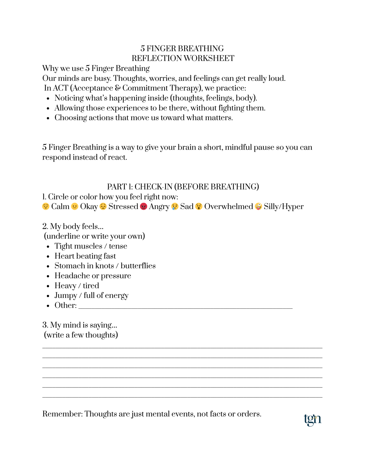 5 Finger Breathing Graphic + Acceptance and Commitment Therapy (inspired) Worksheet