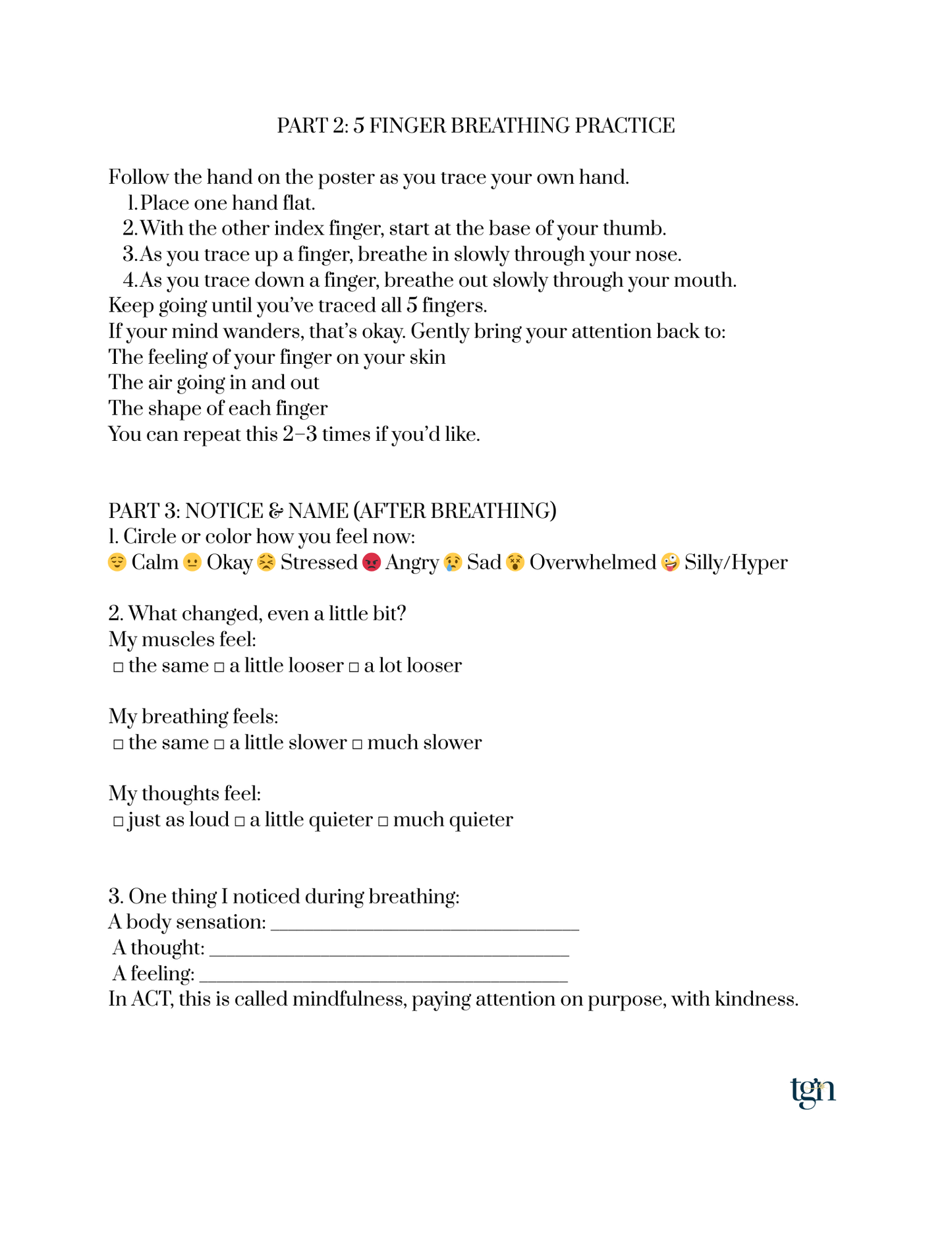 5 Finger Breathing Graphic + Acceptance and Commitment Therapy (inspired) Worksheet