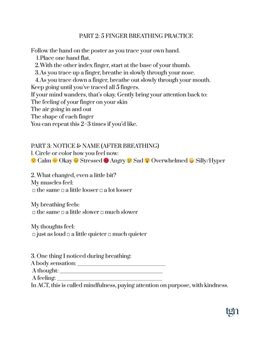 5 Finger Breathing Graphic + Acceptance and Commitment Therapy (inspired) Worksheet