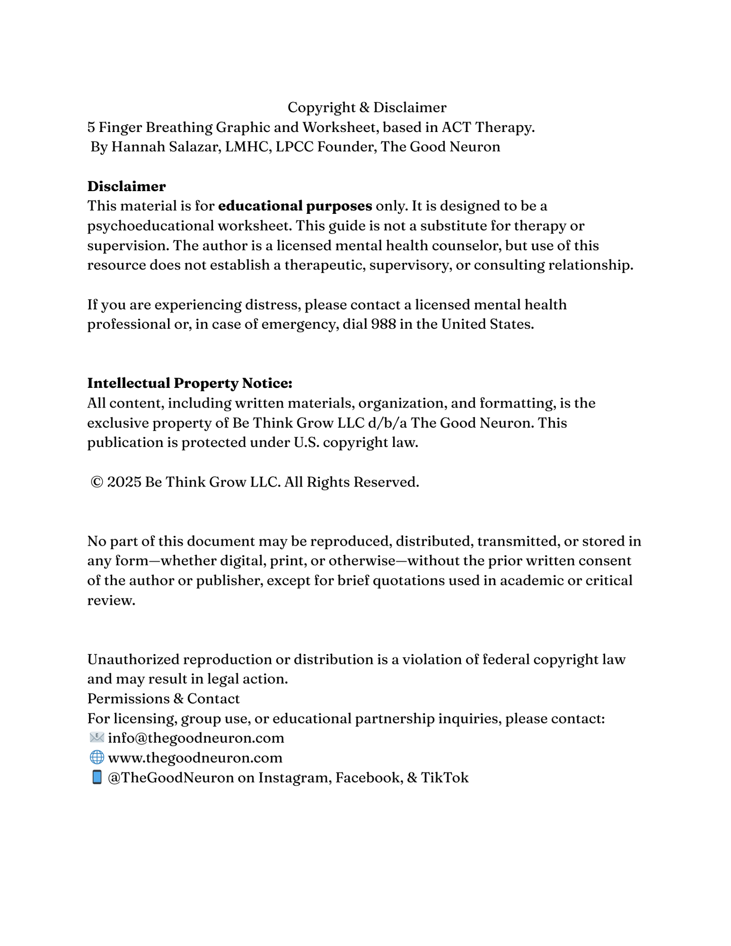 5 Finger Breathing Graphic + Acceptance and Commitment Therapy (inspired) Worksheet